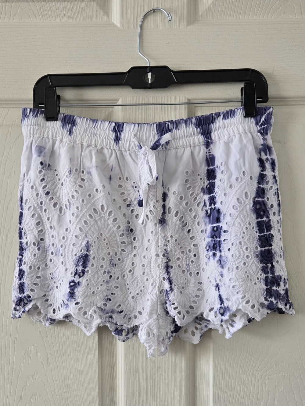 TopShop Shorts White Blue Tie Dye Eyelet High Rise Drawstring Elastic Waist Sz 6